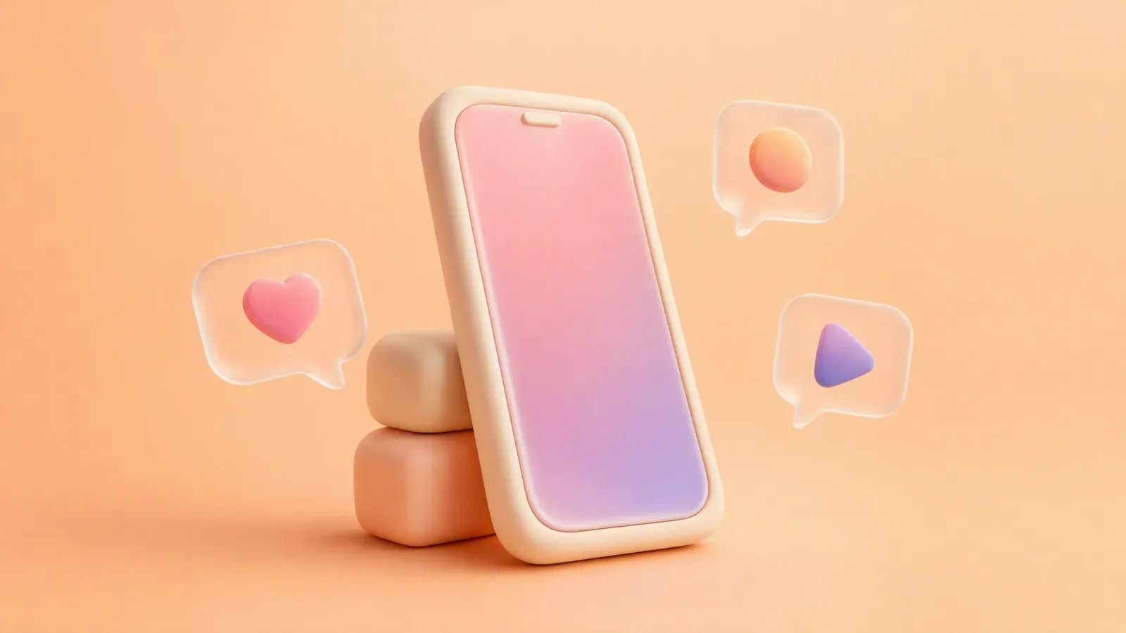 Soft 3D phone with a pink-to-purple screen surrounded by translucent heart, comment and play bubbles on a peach background.