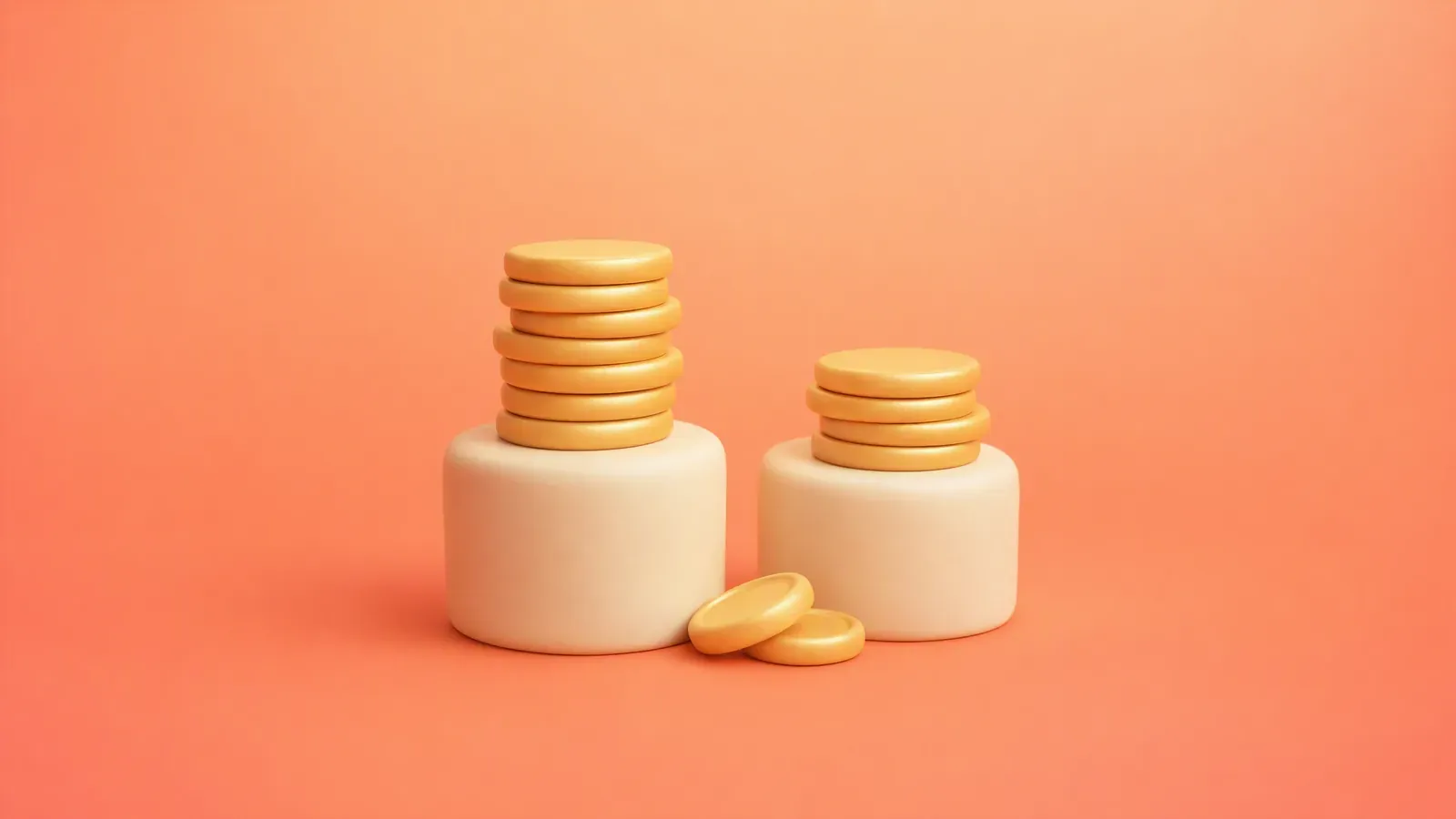 Soft 3D gold coin stacks on two cream platforms against a coral background.