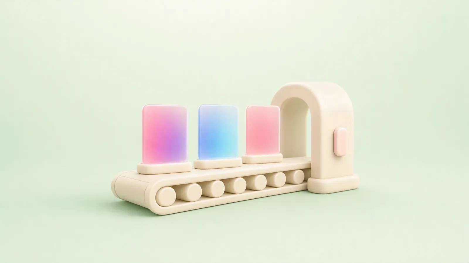 Soft 3D conveyor carrying content cards through one rounded approval gate