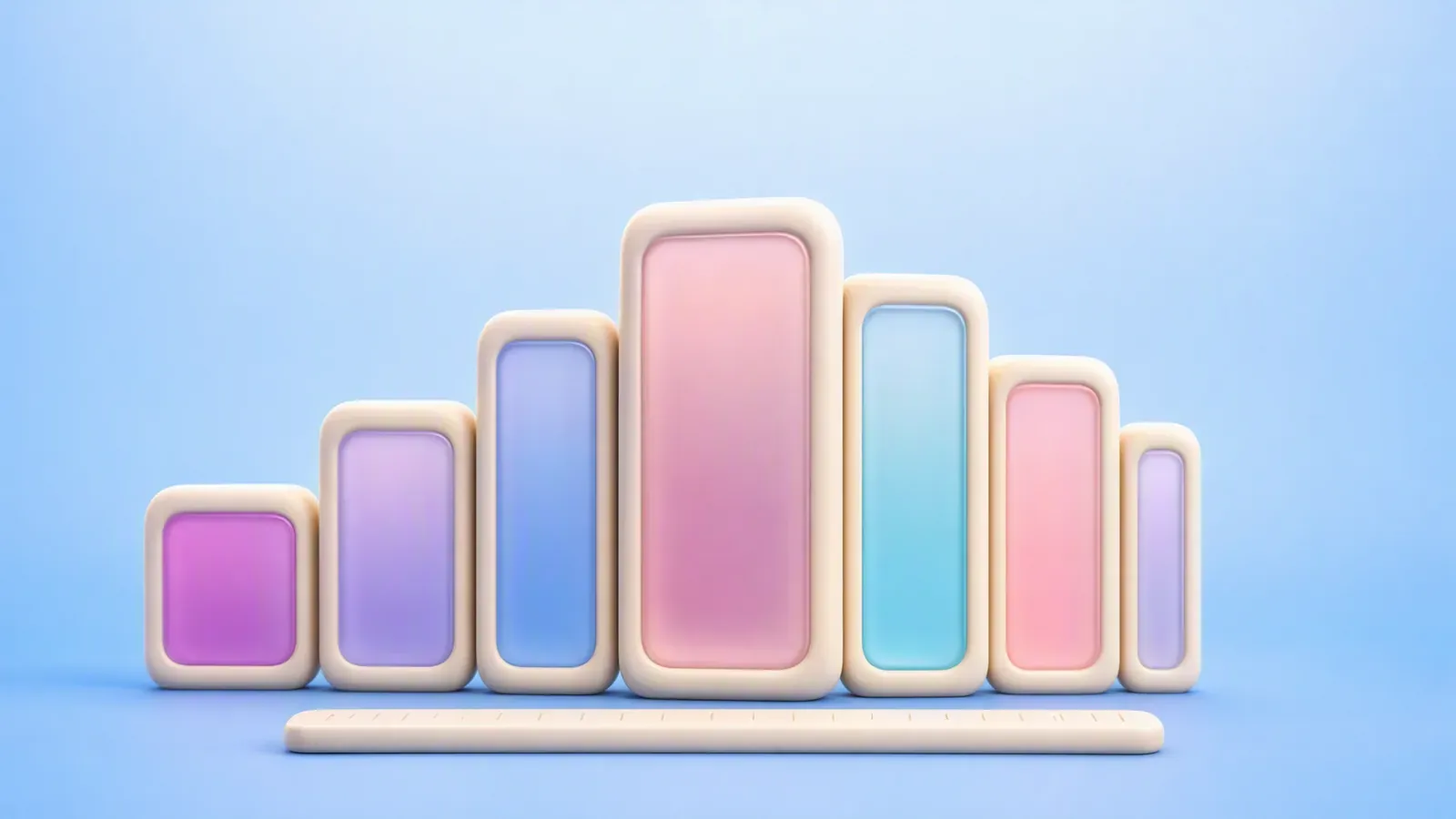 Soft 3D pastel panels of different heights beside a cream ruler on a blue background.