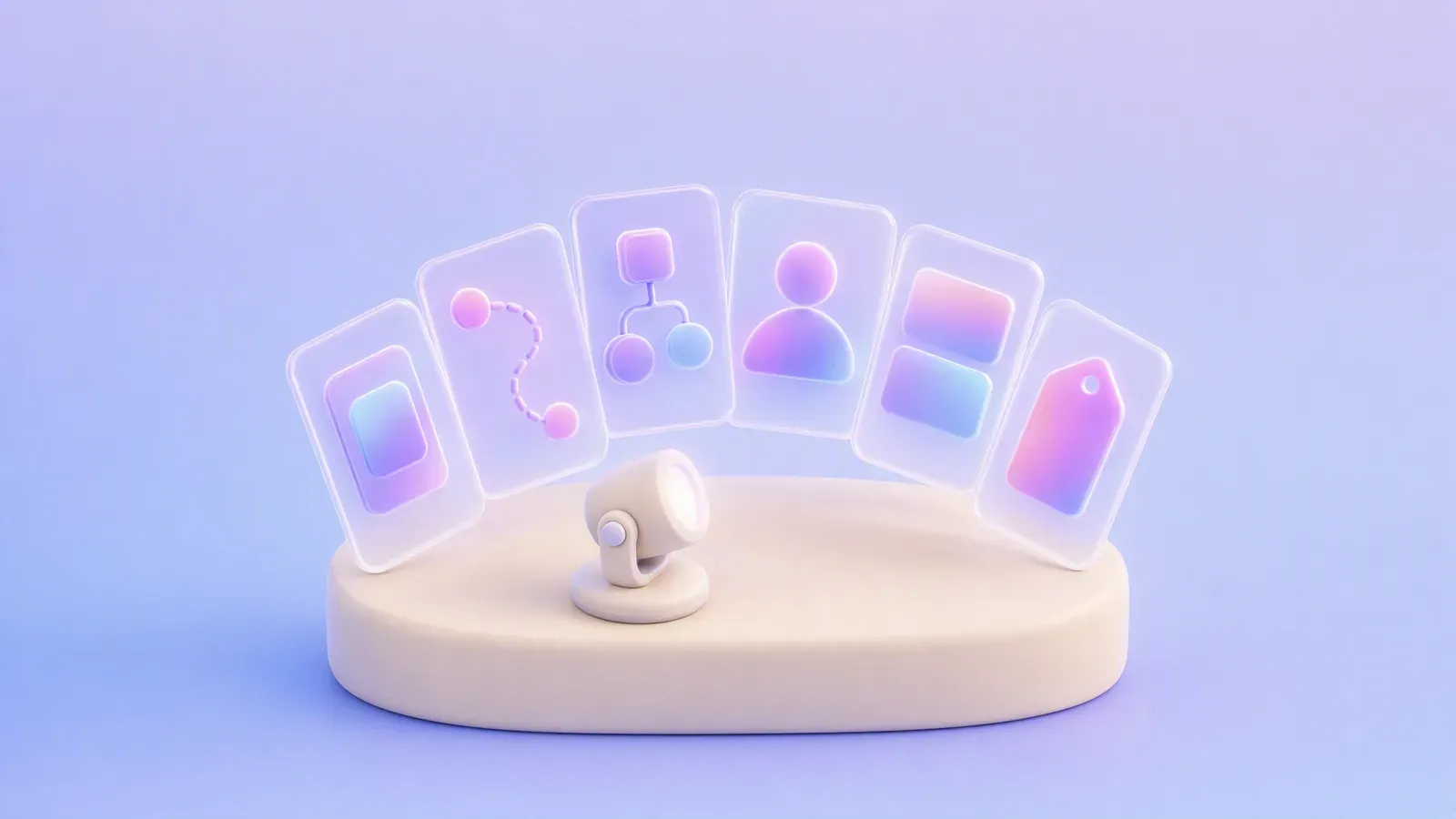 Six abstract product-ad proof formats arranged on a rounded studio display